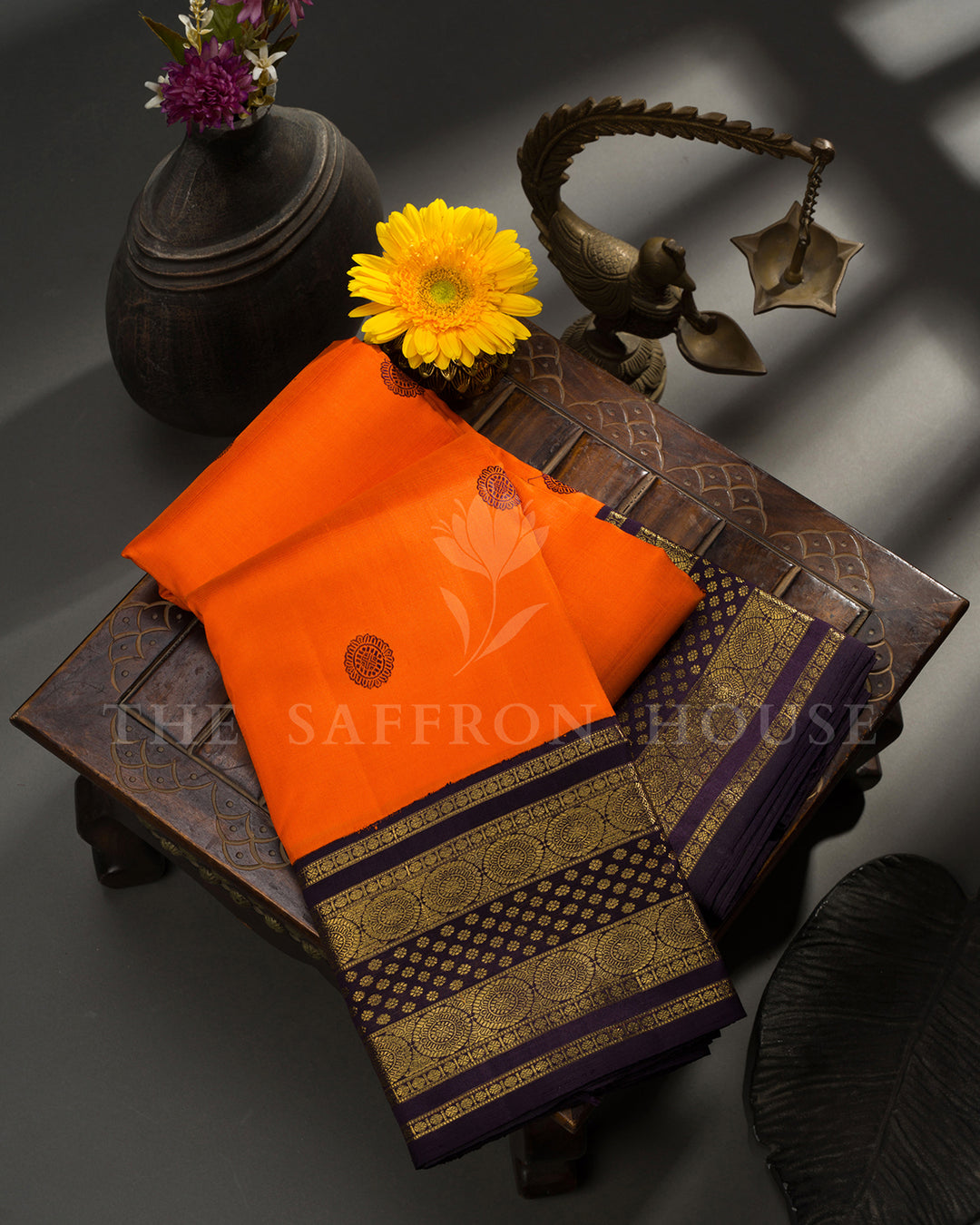 Orange Kanchivaram Silk Saree with Scattered Zari Butis & Deep Purple Medallion Border
