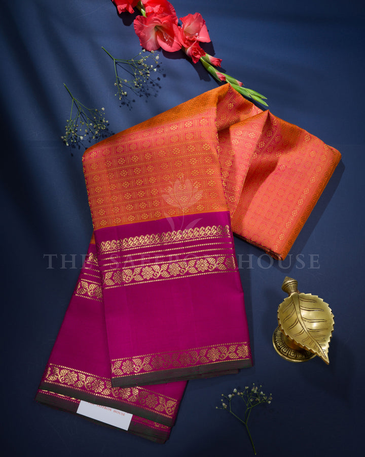  Orangish Pink And Magenta Handwoven Kanjivaram Silk Saree - TSH2506237