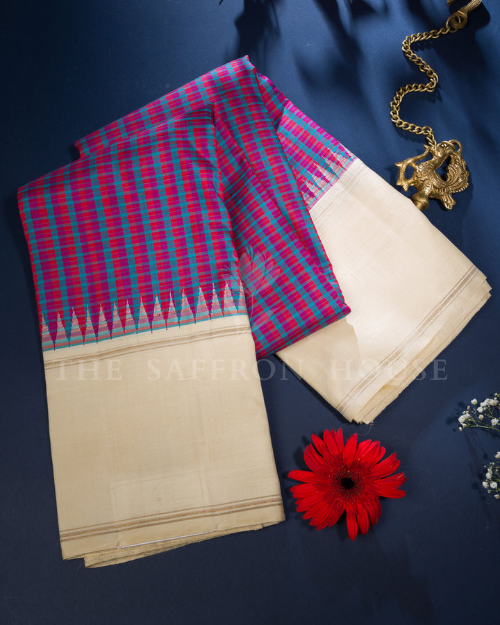 Handloom Kanjivaram Silk Saree in Dual Tone Teal Blue And Rani Pink and Off White - TSH250068