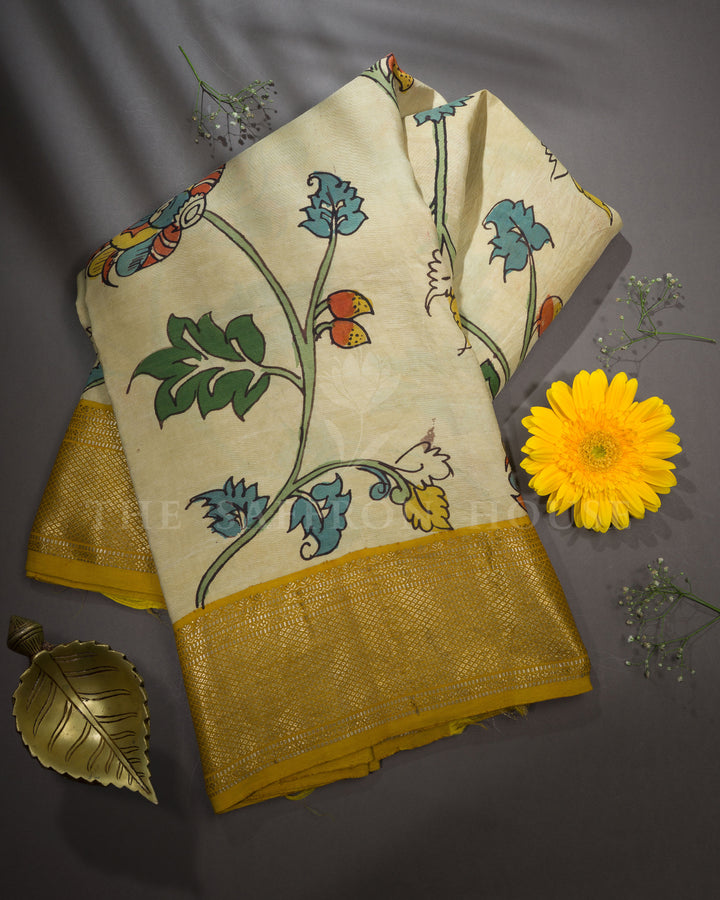 Beige And Mustard Yellow Handwoven Kalamkari Kanchi Silk Saree - TSH2506328