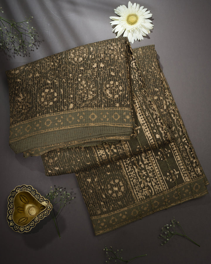 Olive Green Handwoven Tussar Organza Saree With Golden Zari Stripes - TSH2506071-view1