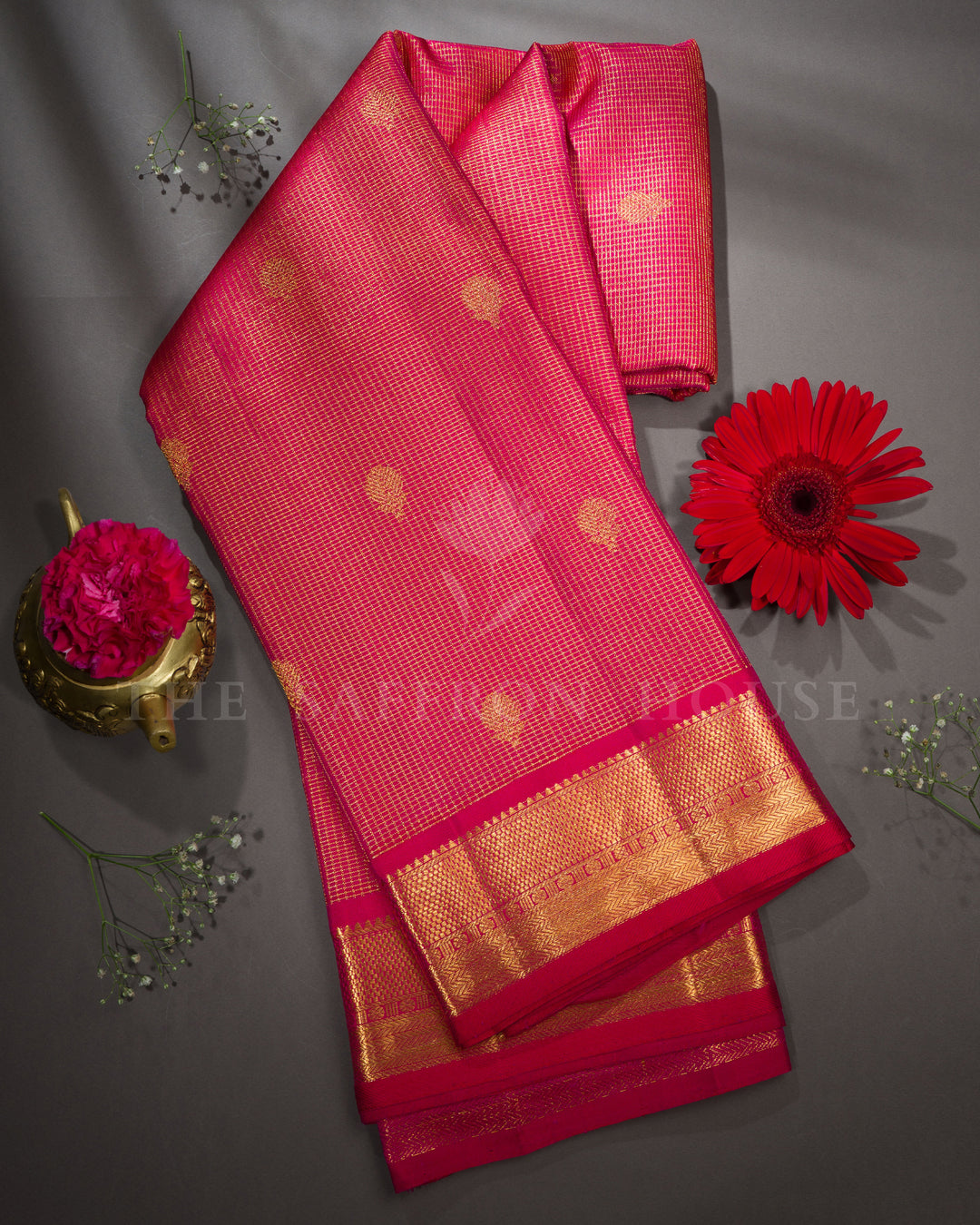 Pinkish Red Handwoven Kattam Kanjivaram Silk Saree - TSH2506251