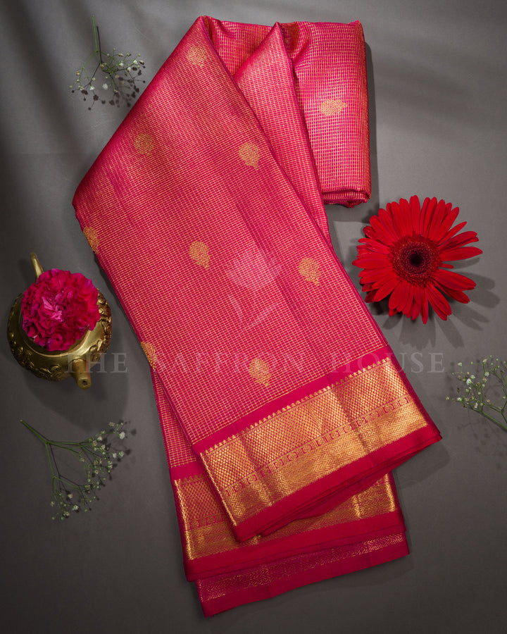 Pinkish Red Handwoven Kattam Kanjivaram Silk Saree - TSH2506251