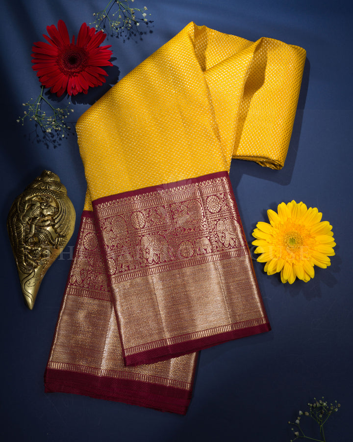 Mustard Yellow And Deep Maroon Handwoven Korvai Kanjivaram Silk Saree - TSH2506265