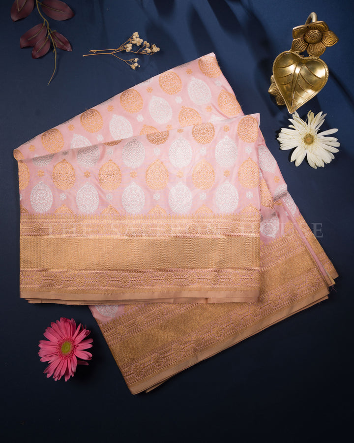 Peach Katan Kadwa Banarasi Saree with Antique Gold Zari