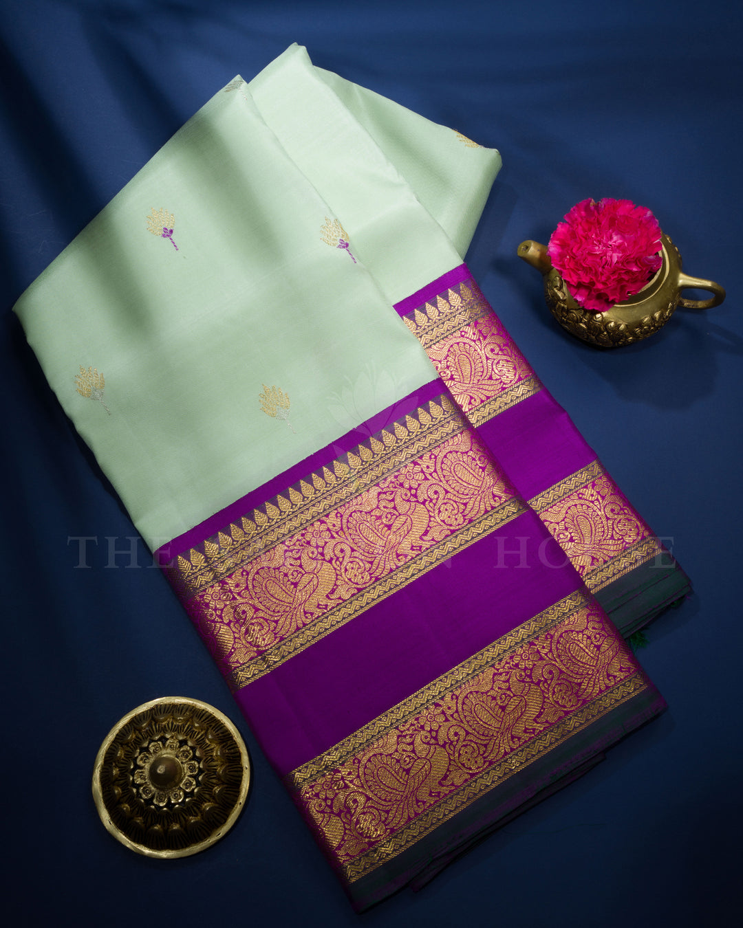 Light Pista Green And Violet Handwoven Kanjivaram Silk Saree - TSH2506109-view1
