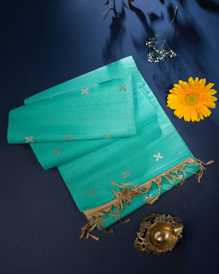 Handloom Tussar Silk Saree in Turquoise Blue And Beige - TSH6060