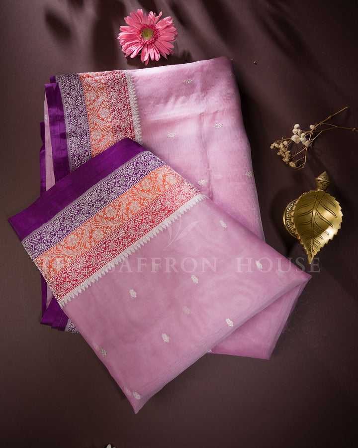 Kora Banaras Saree in Lilac with Multicolor Zari Floral Border & Meena Pallu - TSH250511