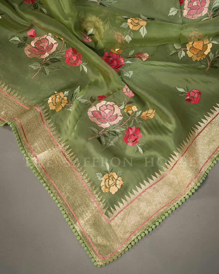 Moss Green Organza Saree with Multicolor Rose Embroidery & Temple Border