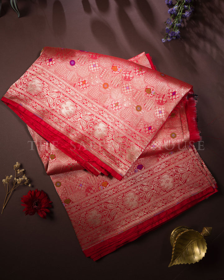 Crimson Red Katan Brocade Banarasi Saree with Meenakari Arch Motifs
