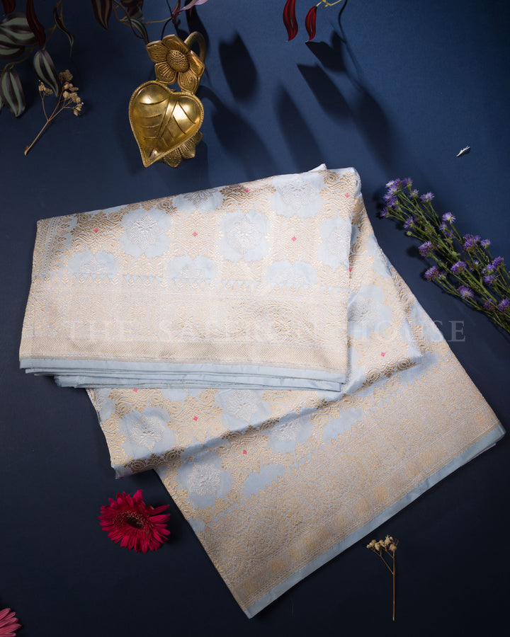 Sky Blue Katan Kadwa Banarasi Saree with Rosebud Motifs and Grand Zari Jaal