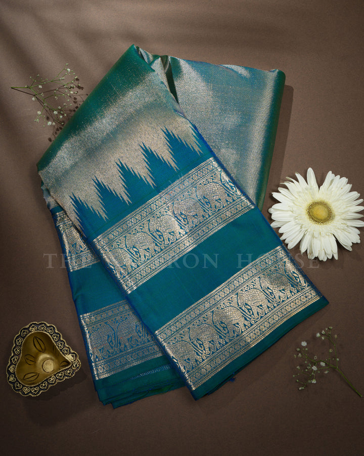 Peacock Blue Retta Pett Handwoven Kanjivaram Silk Saree - TSH2506266