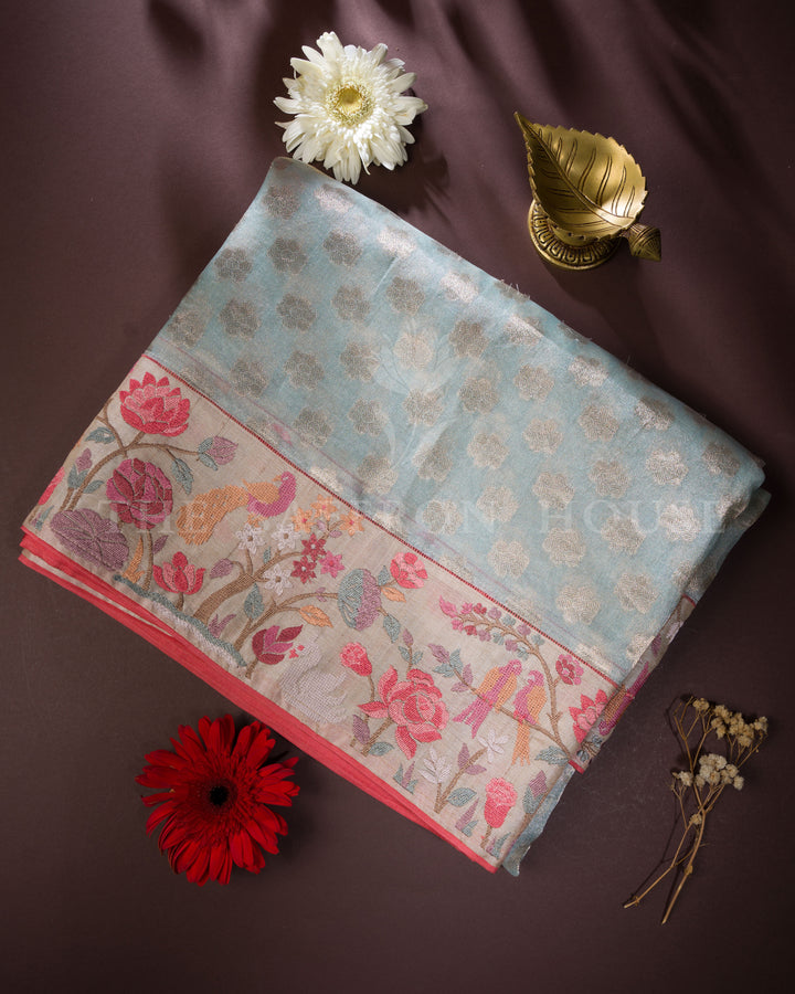 Pastel Blue Banarasi Saree with Floral Zari Butis and Fine Embroidered Border - TSH00017