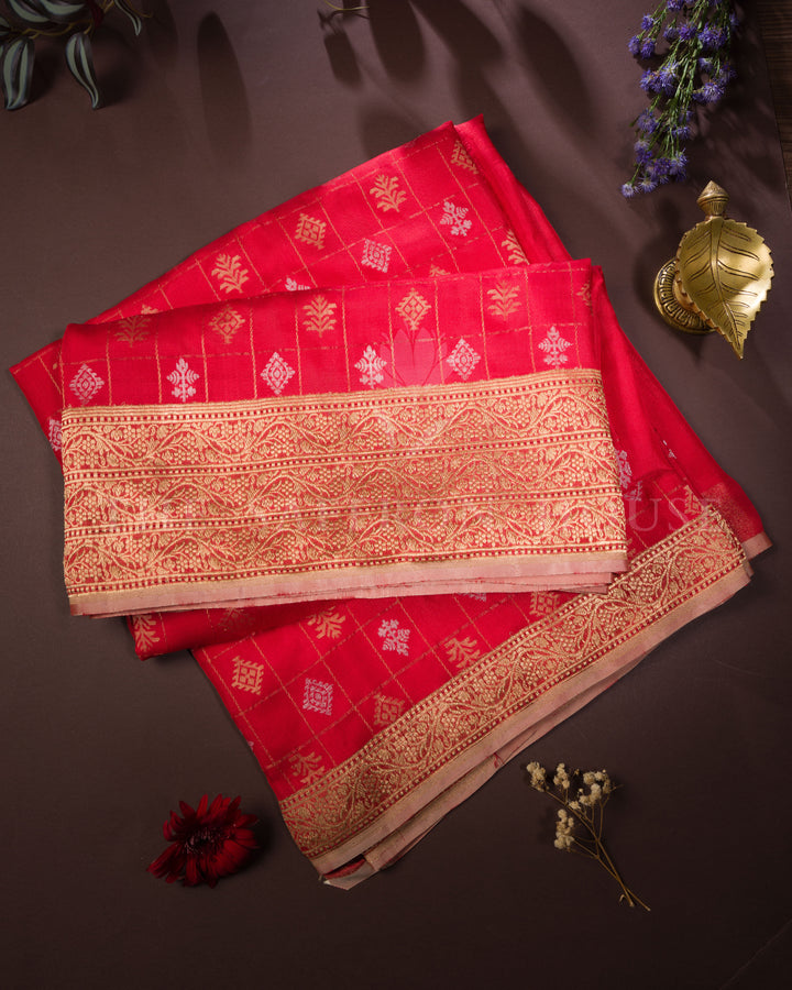 Ruby Red Katan Kadwa Banarasi Saree with Gold Zari Checkered Buttas