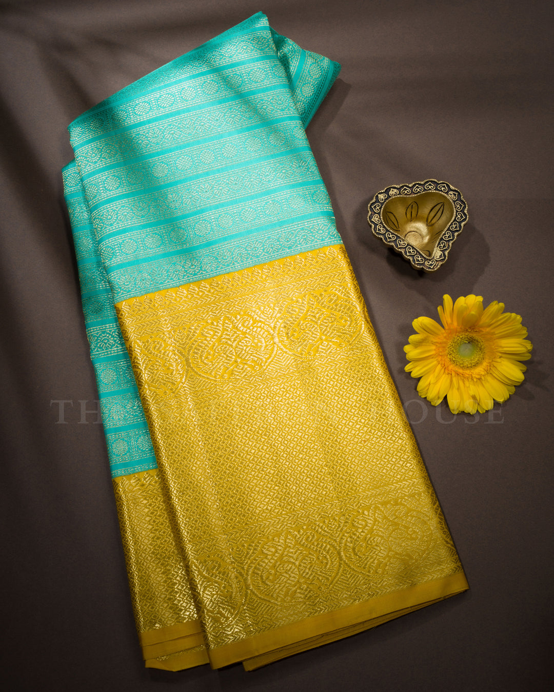 Aqua Green And Mustard Yellow Handwoven Kanjivaram Silk Saree - TSH2506040-view1
