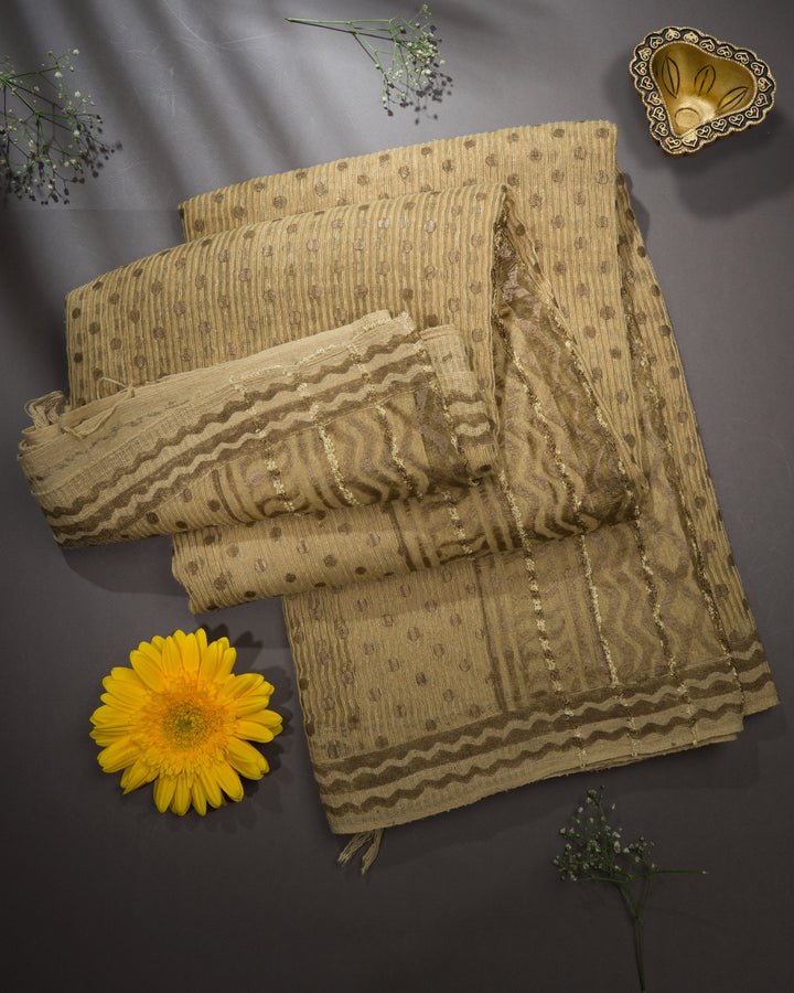 Beige Handwoven Tussar Organza Saree with Golden Zari Stripes - TSH2506075-view1