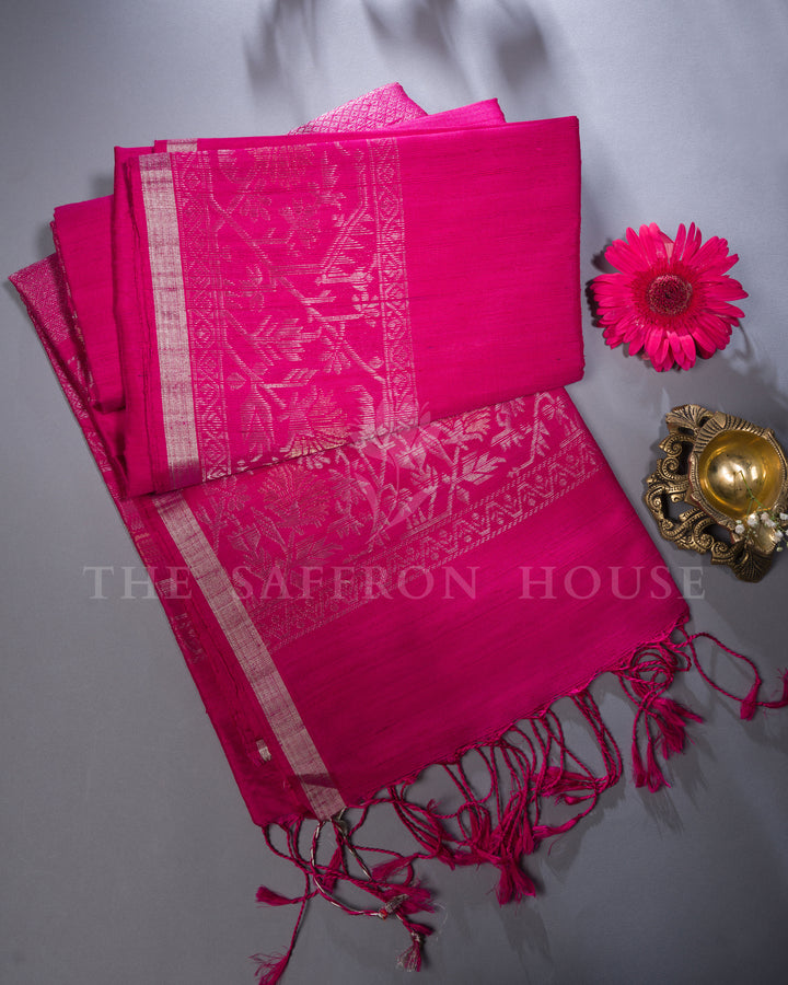 Handloom Tussar Soft Silk Saree in Rich Rani Pink - TSH6043