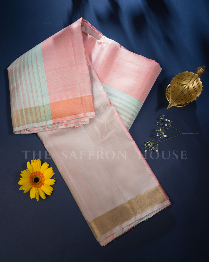 Handloom Kanjivaram Silk Saree in Pastel Multicolours - TSH250187