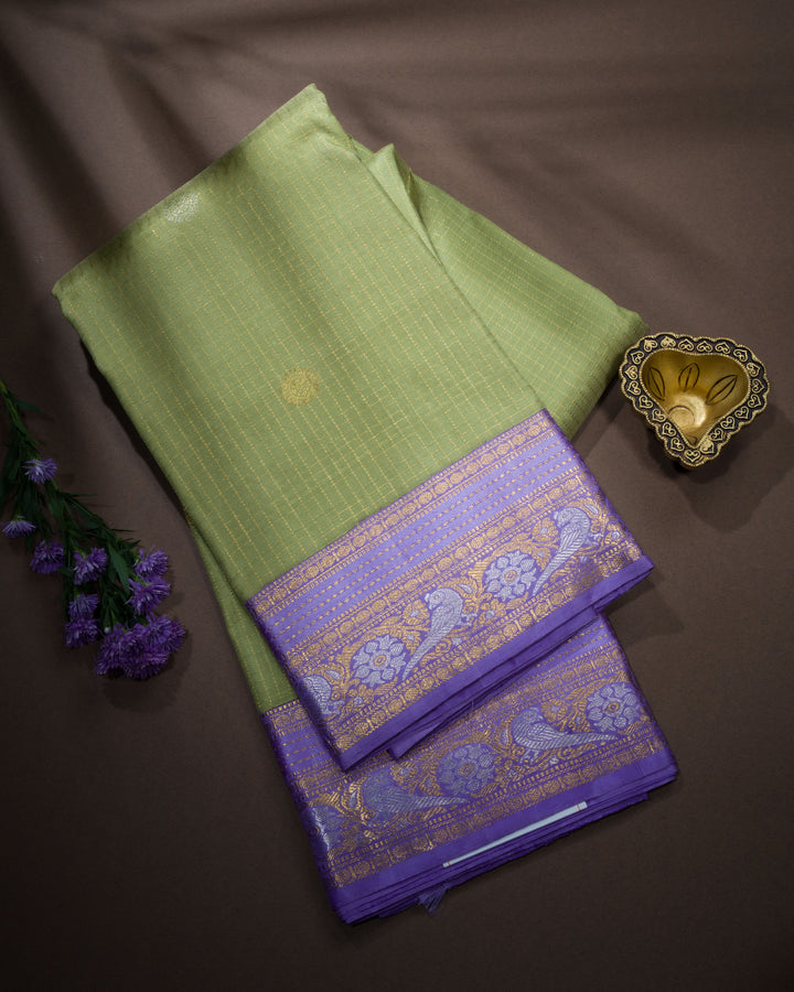 Pista Green And Lavender Handwoven Kanjivaram Silk Saree - TSH2506121-view1