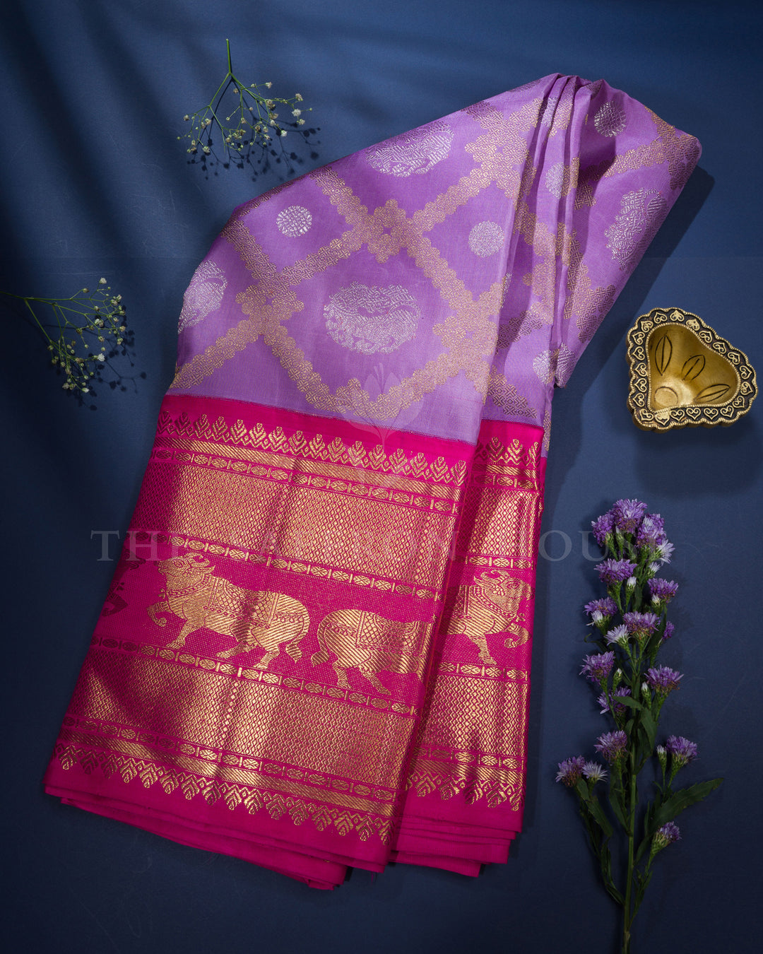 Lilac And Rani Pink Handwoven Brocade Kanjivaram Silk Saree - TSH2506330