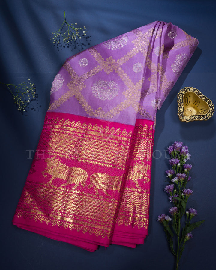 Lilac And Rani Pink Handwoven Brocade Kanjivaram Silk Saree - TSH2506330