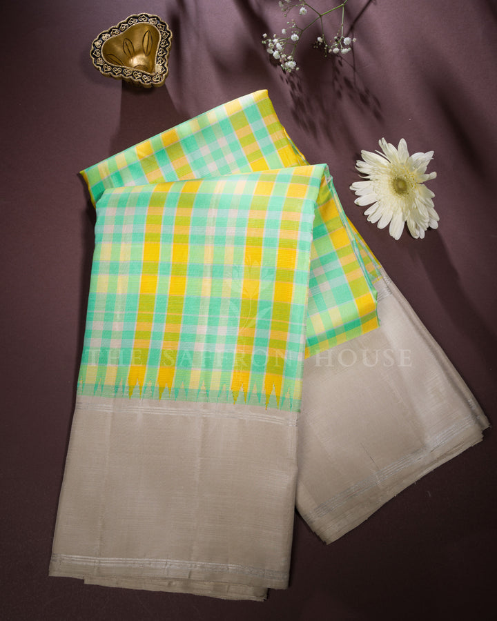 Handloom Kattam  Kanjivaram Silk Saree in Mint Green, Lemon Yellow And Greige - TSH6067