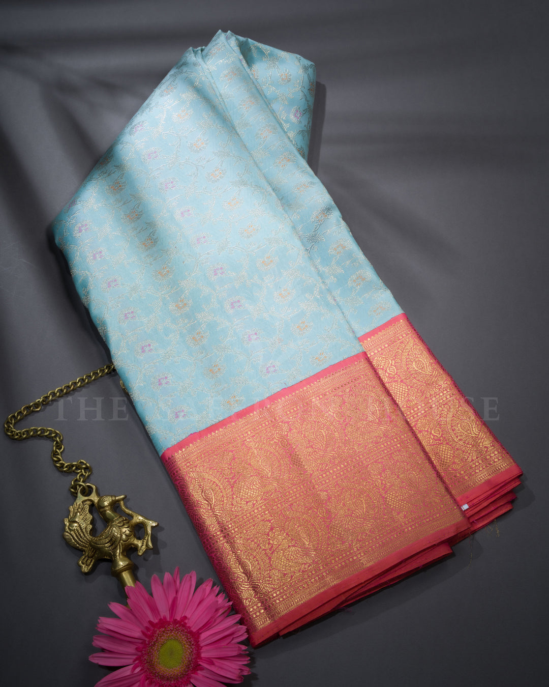 Sky Blue And Orangish Pink Handwoven Kanjivaram Silk Saree - TSH2506033-View1