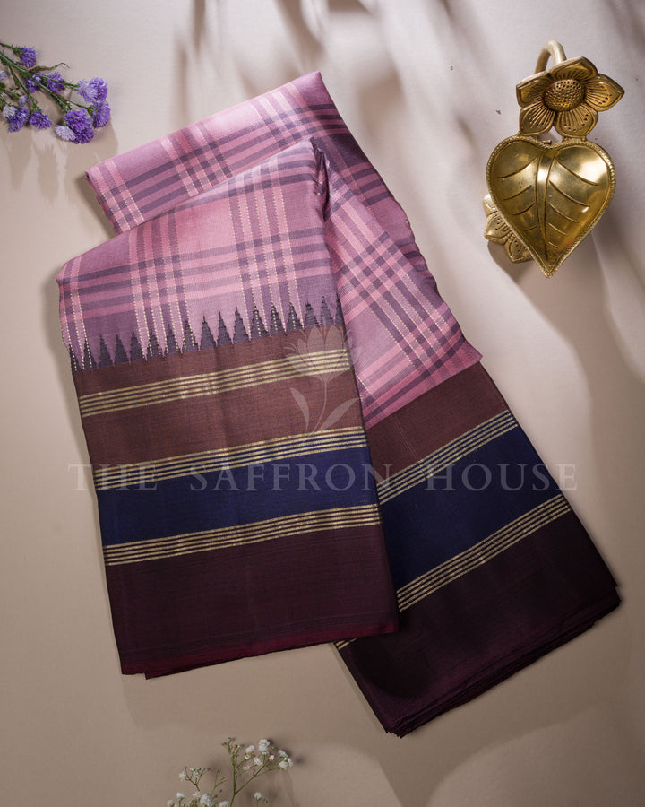 Handloom Pure Kanjivaram Silk Saree in Onion Pink And Arakku - TSH250060
