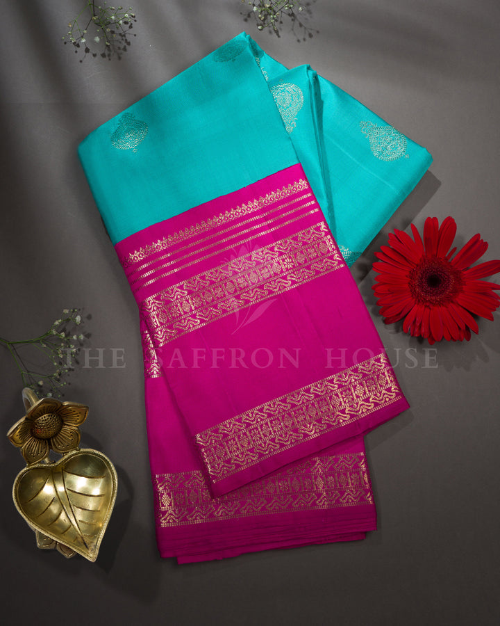 Turquoise Blue And Magenta Pink Retta Pett Handwoven Kanjivaram Silk Saree - TSH2506256