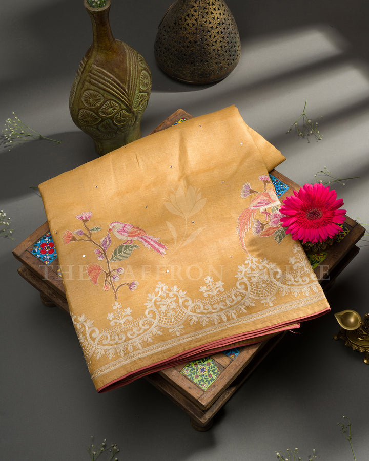 Golden Mustard Tussar Silk Saree with Hand-Embroidered Birds