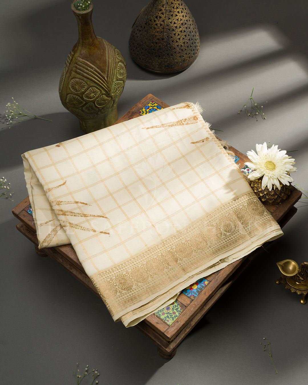 Ivory Kanchivaram Silk Saree with Eco-Print Leaf Motifs & Gold Zari Border