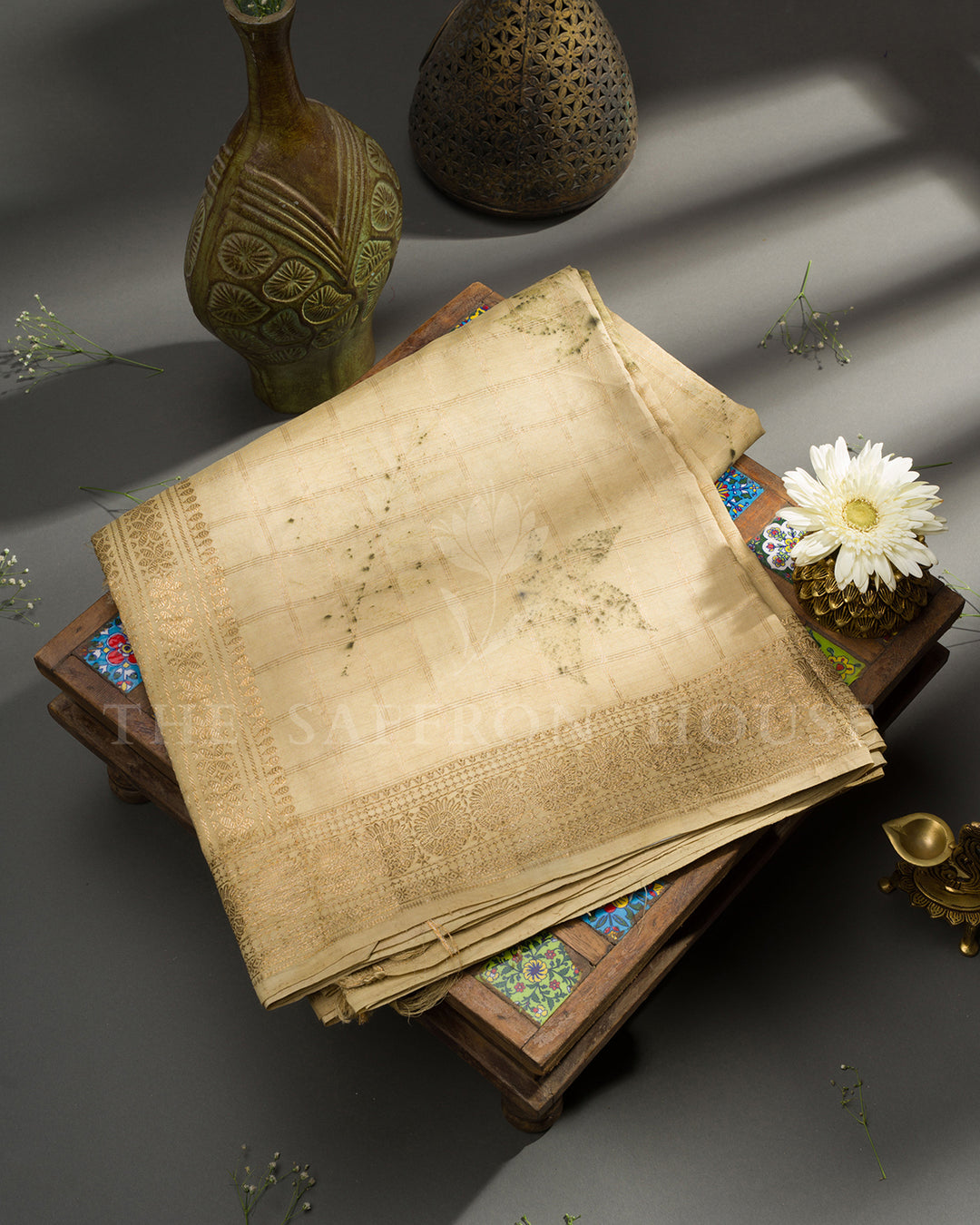 Beige Kanchivaram Silk Saree with Eco-Print Maple Leaf Motifs & Gold Zari Border