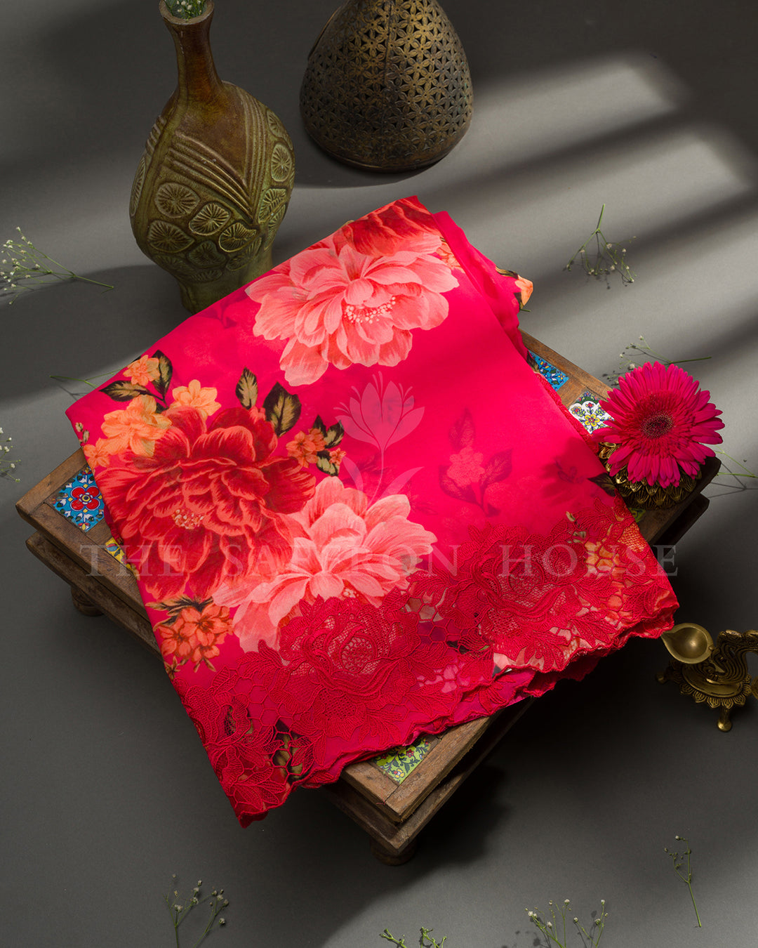 Pink Printed Organza Saree with Floral Digital Print & Red Lace Border