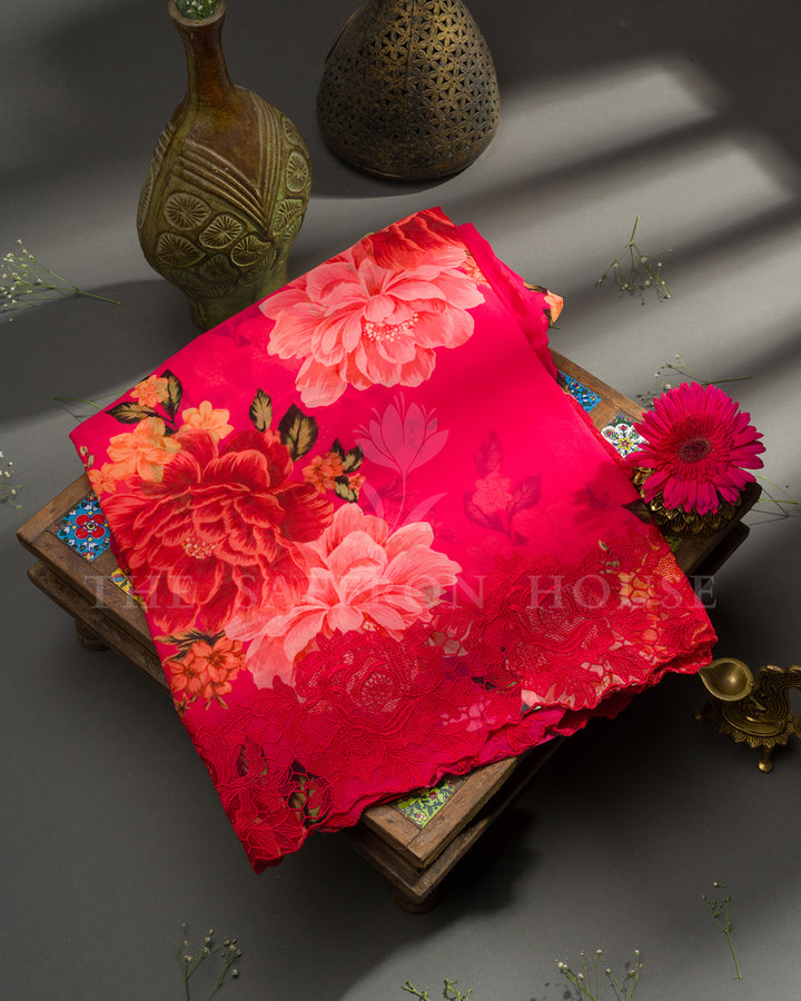 Pink Printed Organza Saree with Floral Digital Print & Red Lace Border