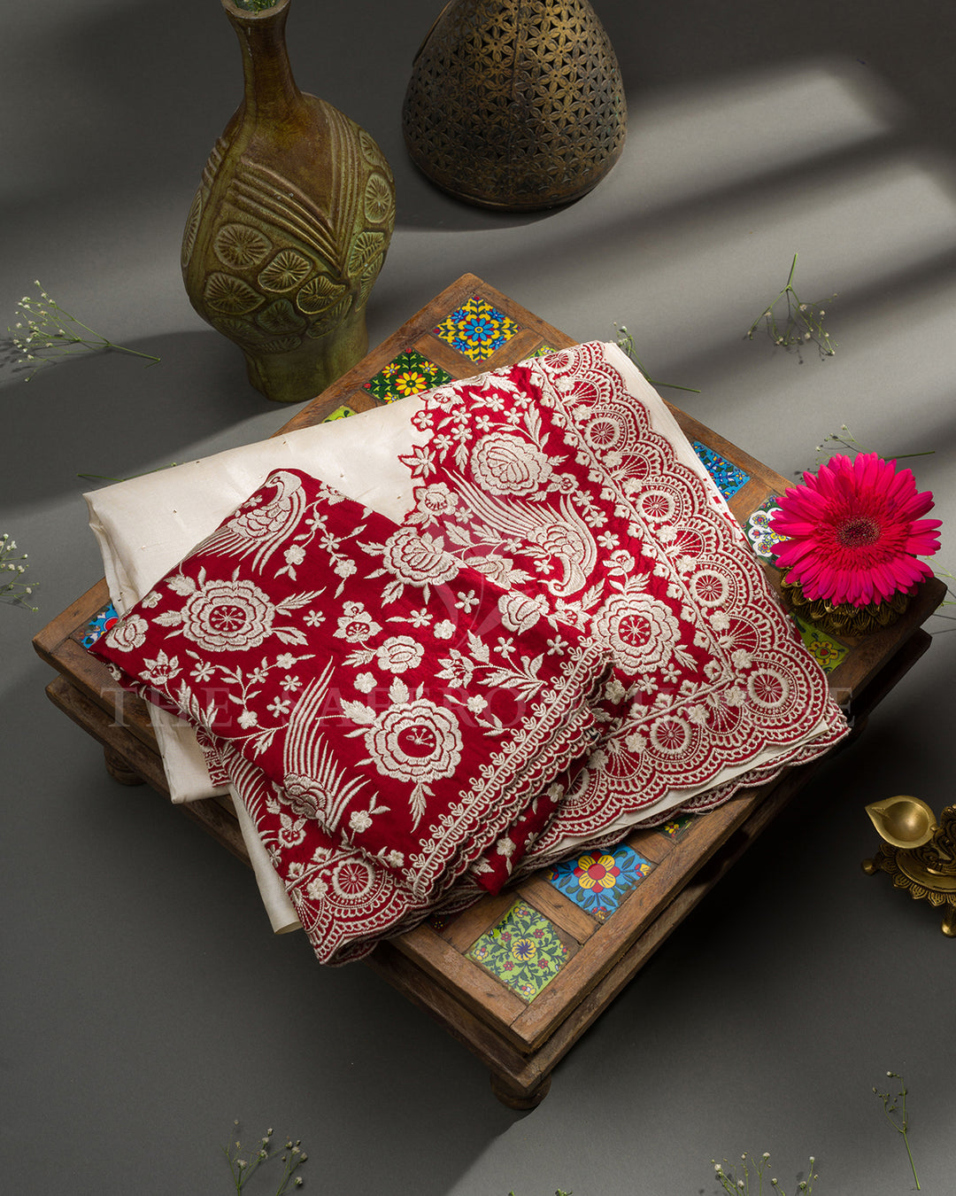 Ivory Tussar Silk Saree with Mirror Work & Maroon Embroidered Scalloped Border