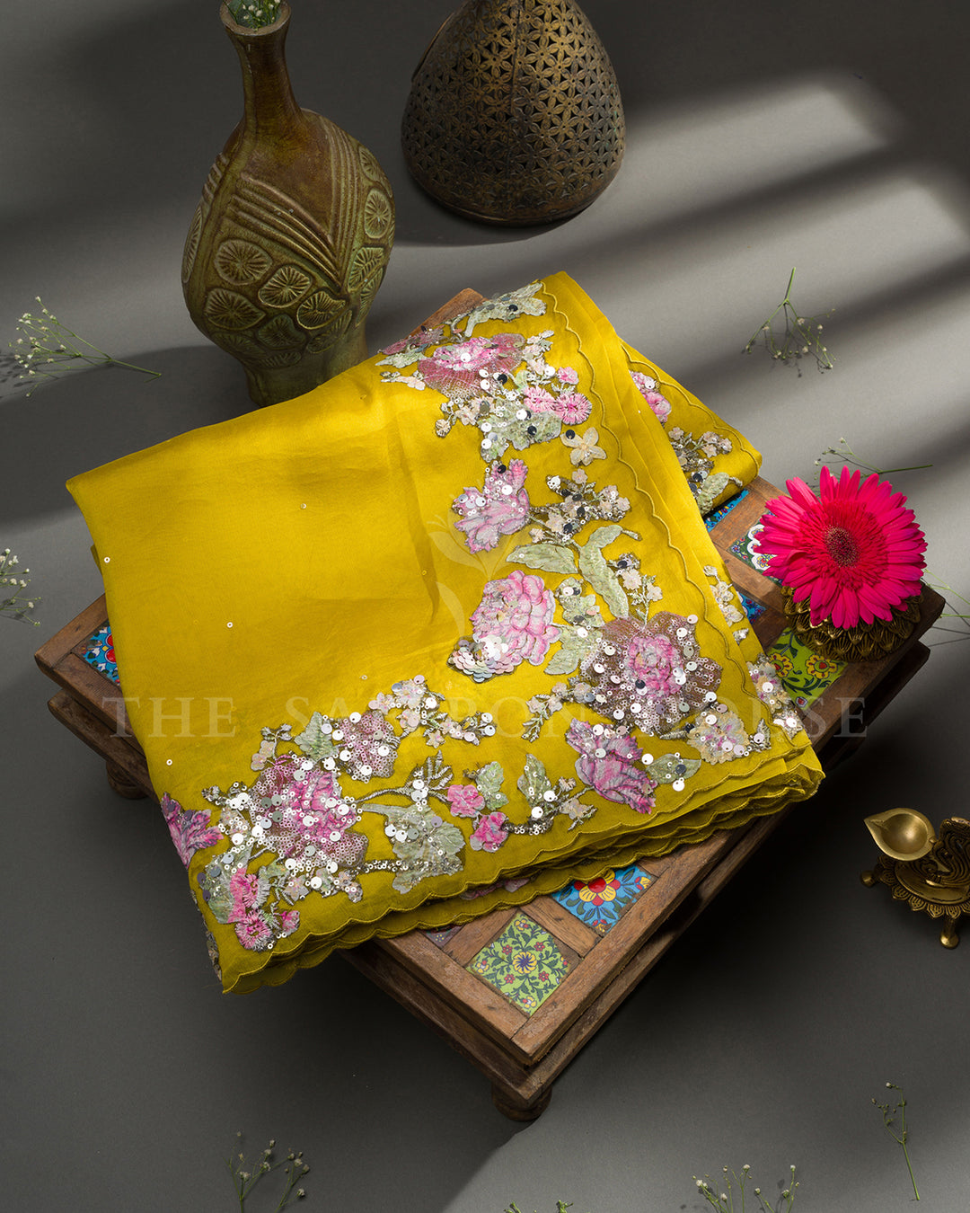 Mustard Yellow Organza Silk Saree with Floral Sequin Embroidery & Scalloped Cutwork Border