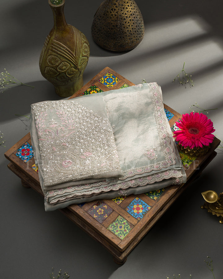 Sage Grey Tissue Organza Saree with Pink Floral Sequin Embroidery & Scalloped Lace Border
