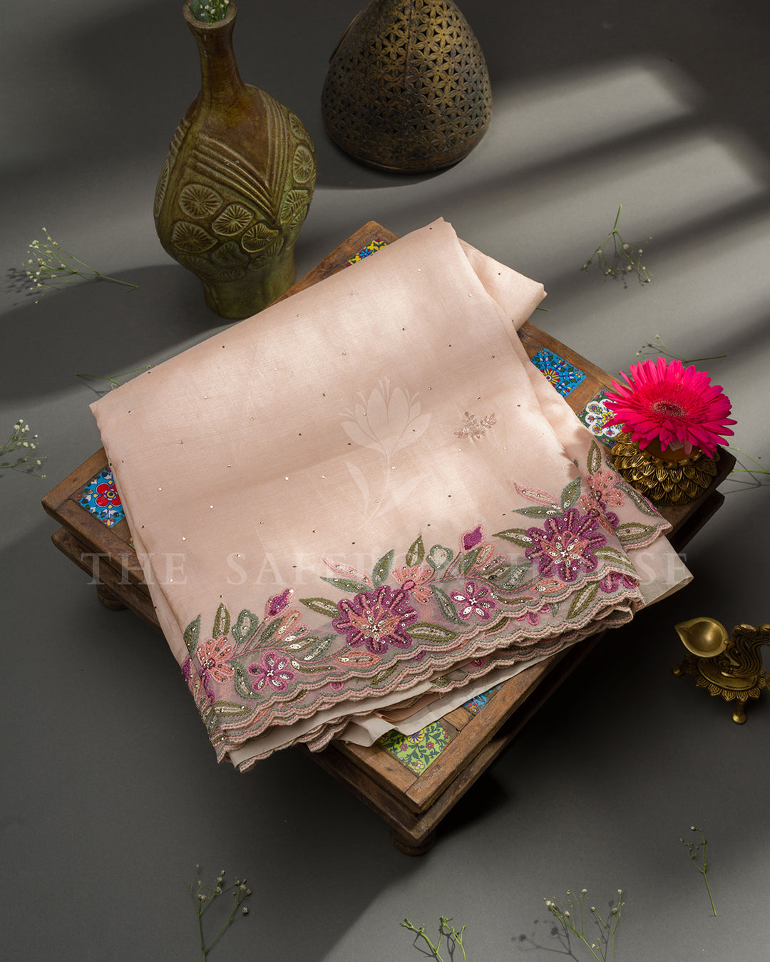 Peach Tussar Silk Saree with Hand Embroidered Floral Border & Scalloped Edge