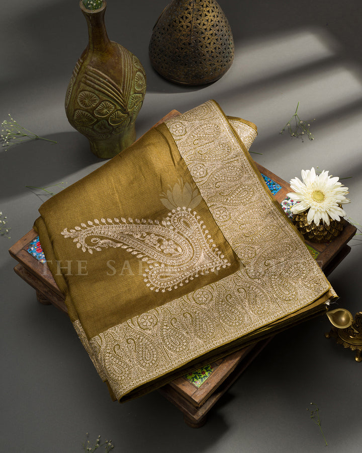 Olive Green Tussar Silk Saree with Hand Embroidered Paisley Border