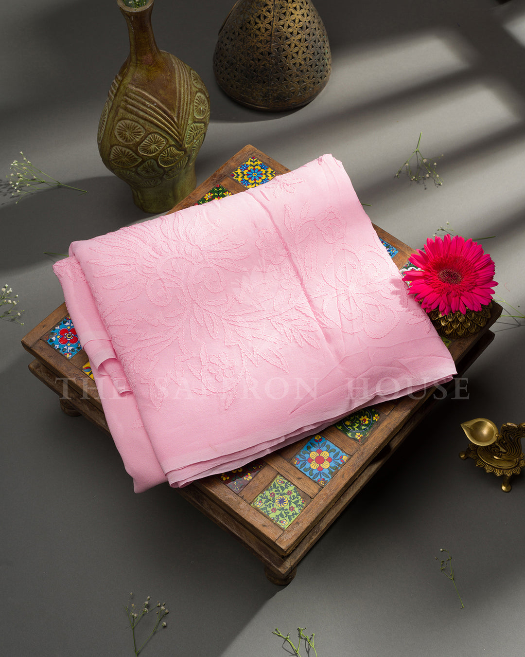 Baby Pink Georgette Chikankari Saree with Tone-on-Tone Floral Embroidery