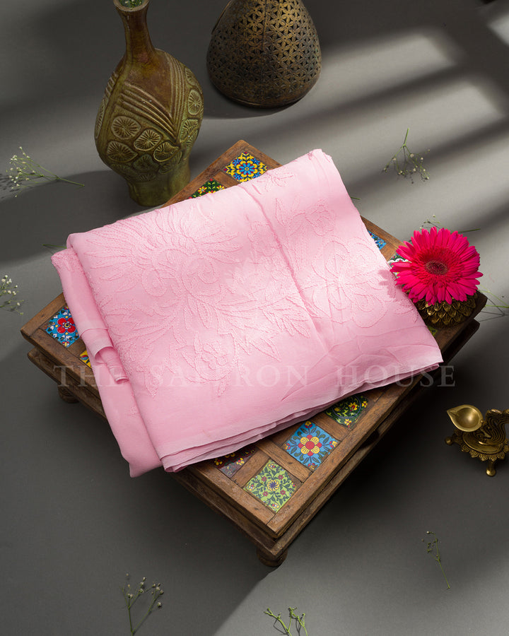 Baby Pink Georgette Chikankari Saree with Tone-on-Tone Floral Embroidery