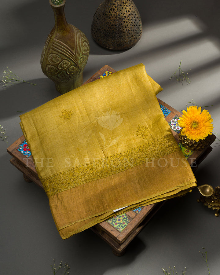 Mustard Olive Tussar Silk Saree with Tone-on-Tone Chikankari Embroidery & Tasseled Edge