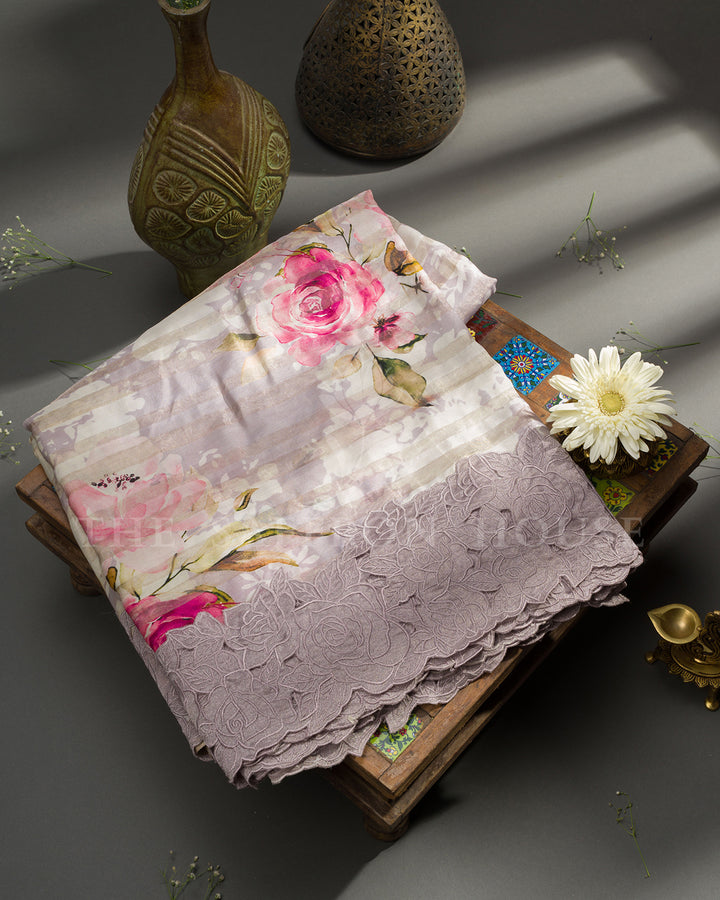 Lavender Organza Saree with Rose Floral Digital Print & Cutwork Scalloped Lace Border