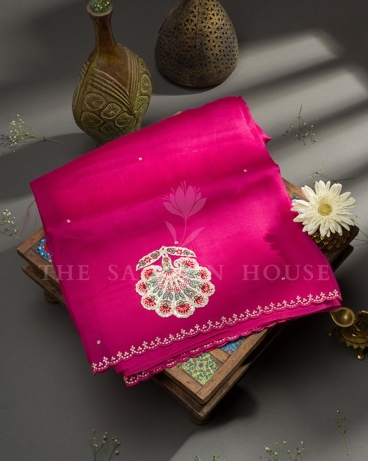 Magenta Pink Organza Saree with Hand Embroidered Floral Fan Motifs & Scalloped Border