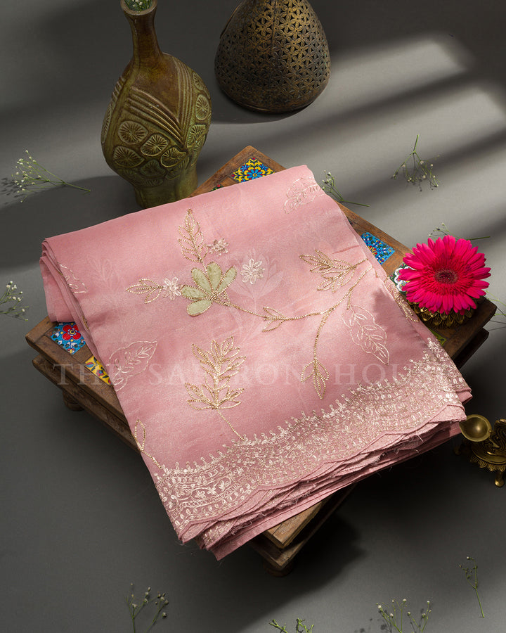 Blush Pink Tissue Organza Saree with Gold Sequin Floral Vine Embroidery & Scalloped Border