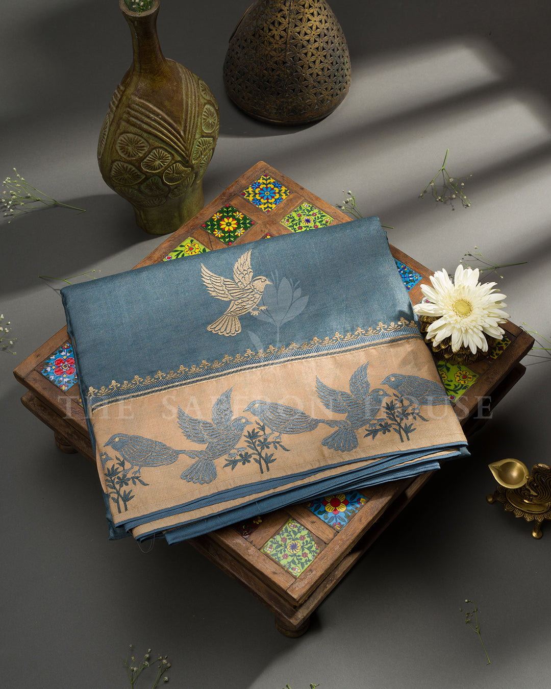 Steel Blue Tussar Silk Saree with Gold Bird Embroidery