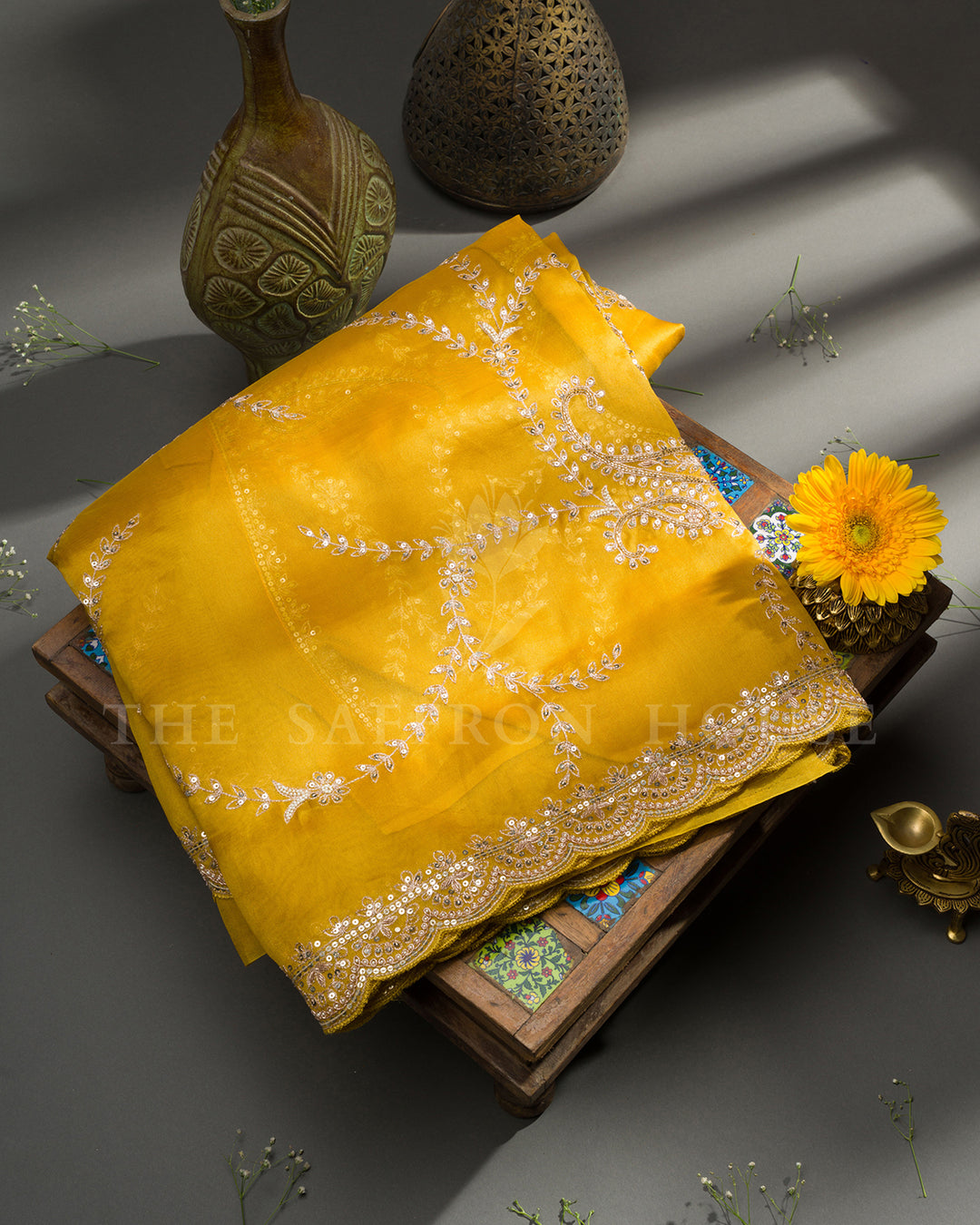 Mustard Yellow Organza Saree with Silver Sequin Paisley Vine Embroidery & Scalloped Border