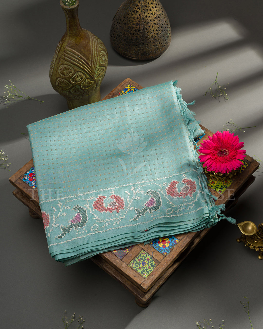 Sea Green Banarasi Silk Saree with Meenakari Peacock Embroidered Border