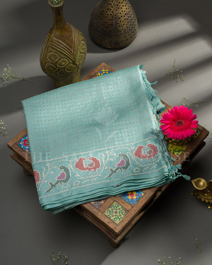 Sea Green Banarasi Silk Saree with Meenakari Peacock Embroidered Border