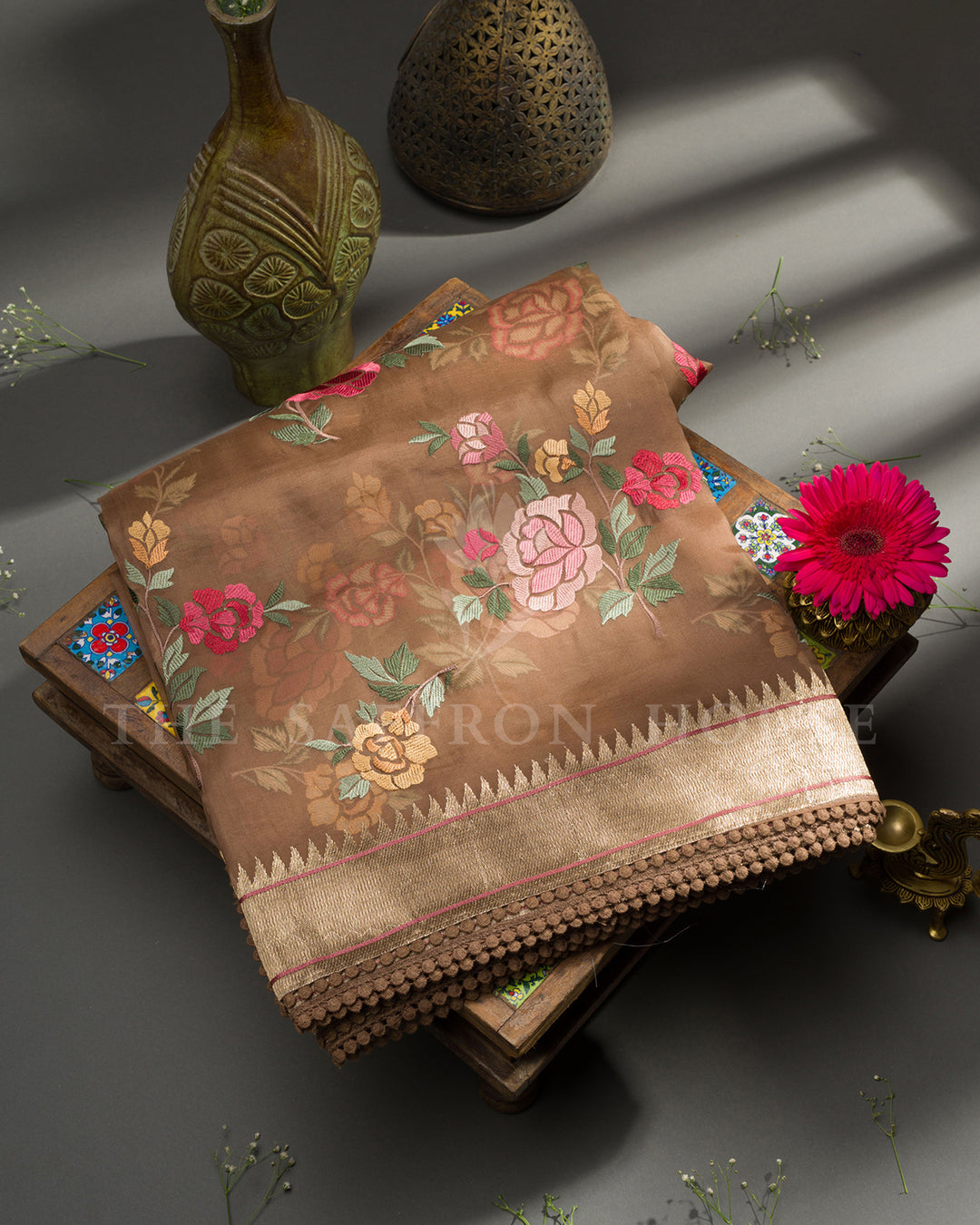Brown Organza Saree with Multicolor Rose Embroidery & Temple Border